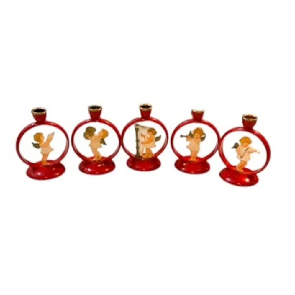 Vintage West German Celluloid Angel Candle Holders Set 5 Red Christmas Choir